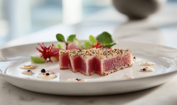 Freshly seared tuna with herbs and sauce on plate