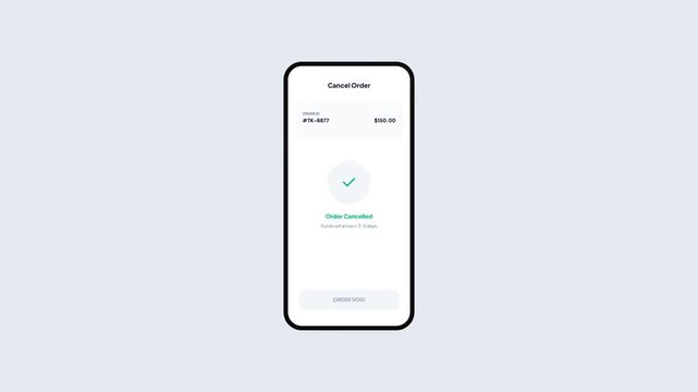 Mobile app interface showing order cancellation process with refund confirmation and success message