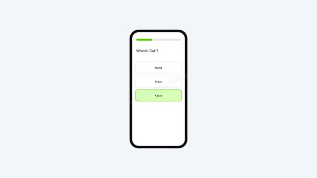 Smartphone application interface for learning German vocabulary with interactive animal word quiz