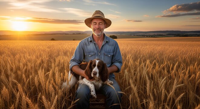 Middle-aged male farmer sitting in golden wheat field at sunset with h