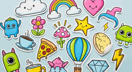 Fototapeta premium Colorful cartoon stickers collection isolated on light blue background