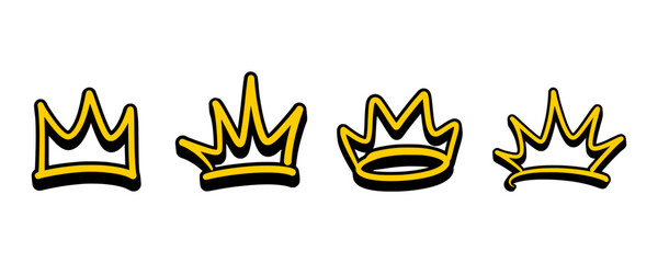 A versatile bundle of four crown icons in different outline colors and styles. These urban hand style graffiti tag symbols are perfect for stickers and street culture branding projects. © dirtyfellas