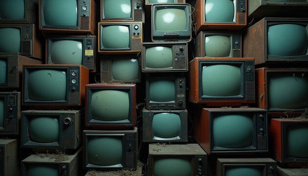 Pile of vintage TVs stacked high. Old cathode ray tube televisions create a retro media wall. Analog broadcast receivers in a chaotic arrangement suggest past tech era.