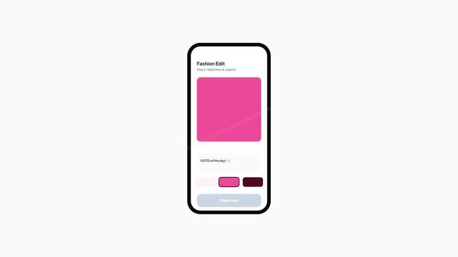 Fashion edit social media post interface animation on smartphone screen with pink color theme