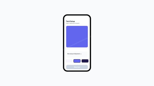 Technology setup social media sharing interface animation on smartphone screen with purple theme