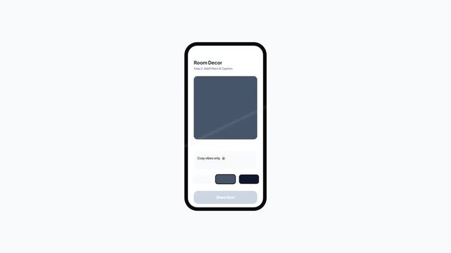 Minimalist mobile app interface animation for social media room decor posting with blue color palette