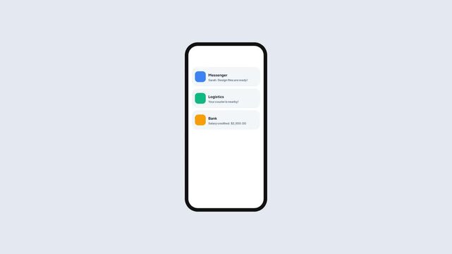 Flat design mobile notification center animation with delivery status and system alerts mockup