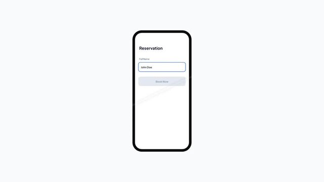Mobile reservation form animation showing name input and successful booking completion message