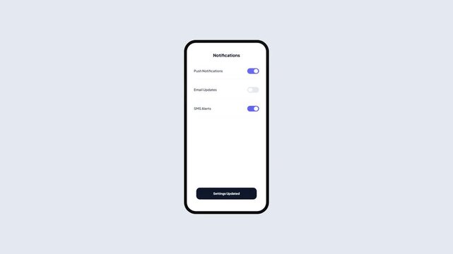 Mobile device notification settings interface with toggle switches for push email and sms alerts