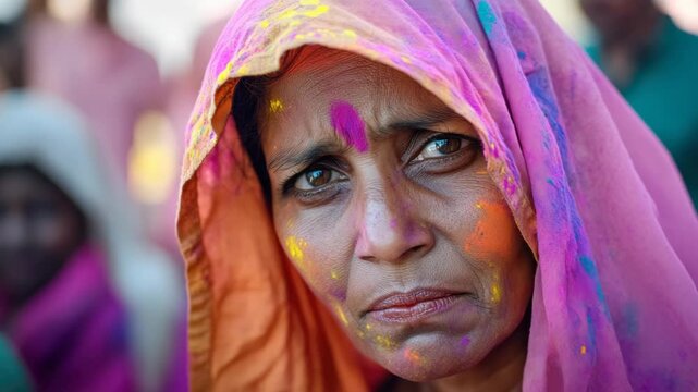 A woman covered in colorful powder during a traditional Indian festival, radiating joy and cultural heritage.