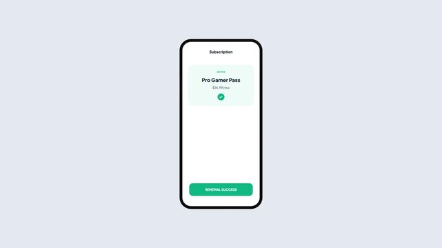 Mobile subscription renewal animation for gaming service with green success notification banner