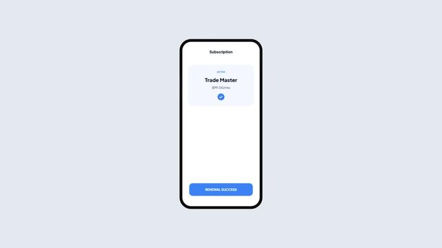 Financial trading application subscription renewal screen with blue theme and transaction success message