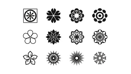 A collection of black floral vector icons with circular gear-like shapes and decorative ornamental patterns arranged in a stylish set. © Nayem
