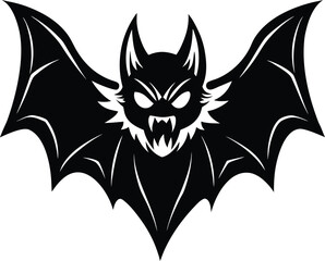 Fototapeta premium Black bat silhouette with spread wings and fangs isolated on white background high quality professional detailed