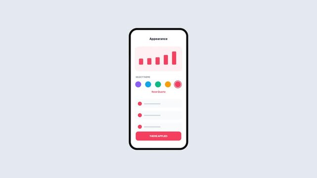 Smartphone appearance menu showing the selection and application of a rose quartz color theme