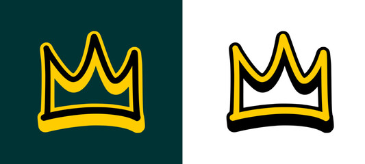 Bold yellow king crown featuring a crisp black outline in a classic sticker style. This urban hand style graffiti tag captures a modern street art look with high-contrast sharp edges. © dirtyfellas