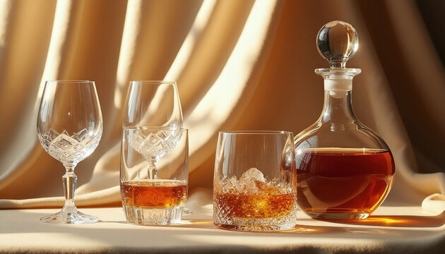 Elegant crystal glassware including decanter filled with amber liquid sits on surface. Two rocks glasses hold whiskey, ice, one brandy snifter is empty. Soft fabric drapes behind, catching warm light.