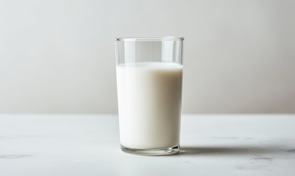 Fresh milk in a transparent glass on a neutral background