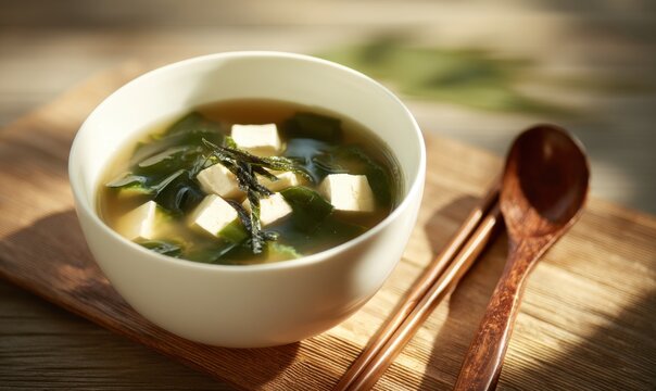Japanese miso soup with tofu and seaweed in white bowl