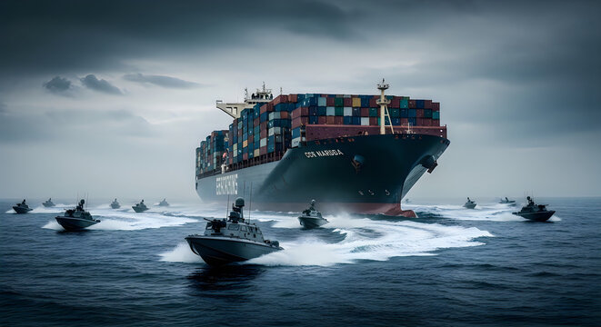 Massive container ship escorted by small motorboats on open sea, maritime security and cargo protection concept, large freighter vessel in deep blue water