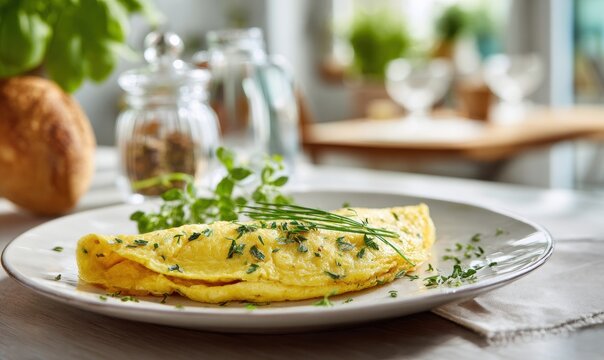 Yellow omelet with green herbs on a white plate