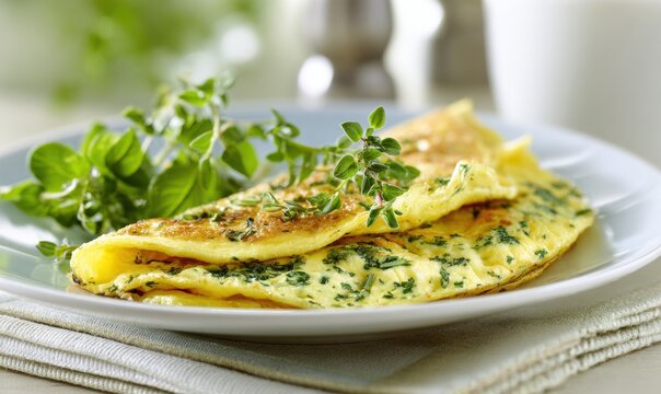 Fresh omelette with herb garnish, served on white plate with napkin