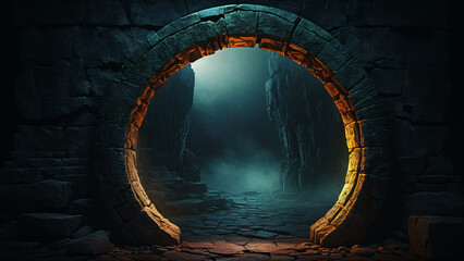 Naklejka premium Warm Glowing Portal Ring in Stone Cave Entrance