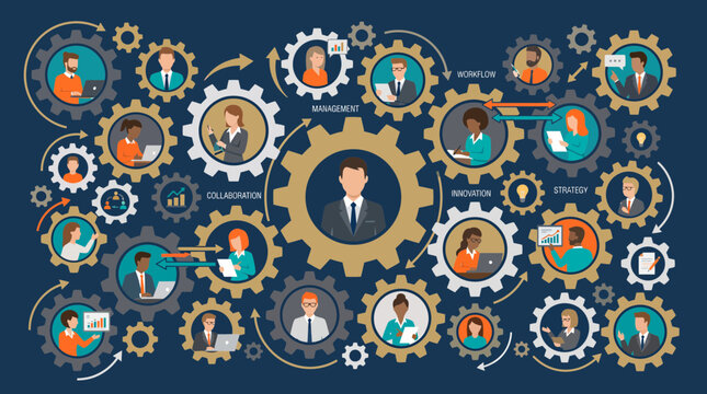 Flat vector illustration of diverse professionals working inside interlocking gears connected by motion arrows, representing corporate management efficiency and illustrating business synergy