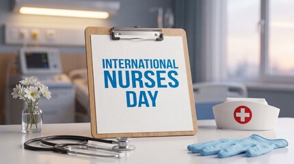 A clipboard with "International Nurses Day" text, stethoscope, nurse's cap, and gloves on a hospital table.