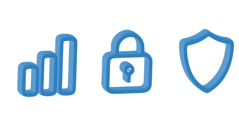 Fototapeta premium Premium Blue Outline 3D Icon Set – Modern UI Navigation, Food, Security & Lifestyle Vector Collection
