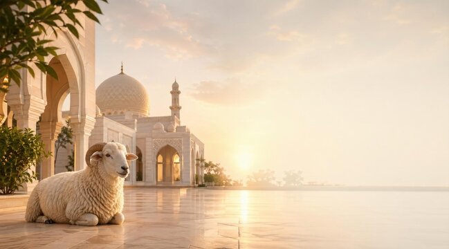 Ram rests outside the beautiful mosque during the golden hour sunset