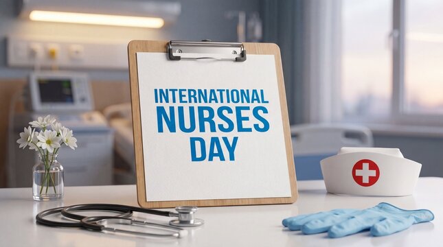 A clipboard with "International Nurses Day" text, stethoscope, nurse's cap, and gloves on a hospital table.