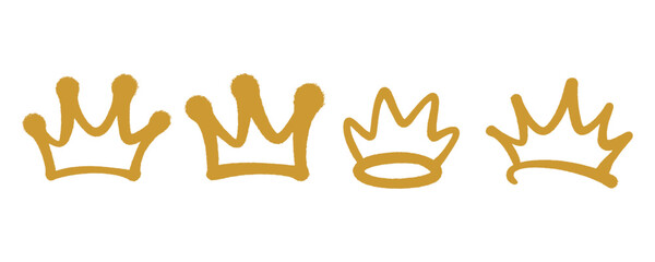 Obraz premium A professional collection of four king crown icons with a consistent spray paint aesthetic. Each symbol features subtle paint grains and a unique hand style graffiti tag outline.