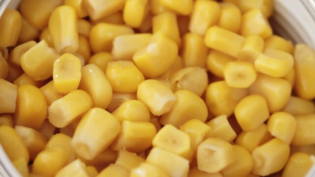 Glossy yellow corn kernels inside opened metal can under warm light with visible moisture and soft reflections
