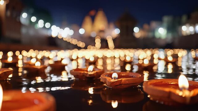 Ganga dussehra celebration with hundreds of clay diyas floating on water at night