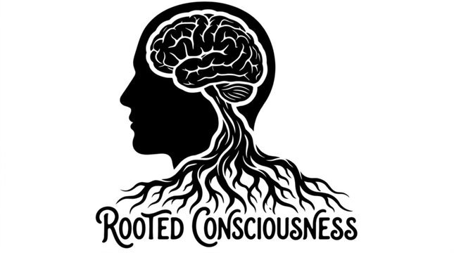Human head silhouette with brain roots, symbolizing deep thought and connection to nature.