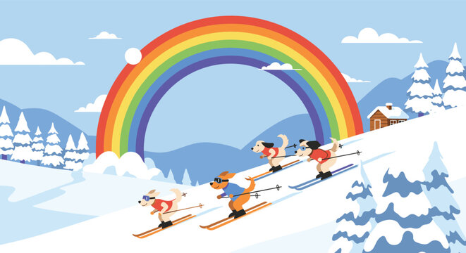 Group of athletic dogs wearing goggles and sweaters while skiing down a snowy slope beneath a vibrant colorful rainbow.