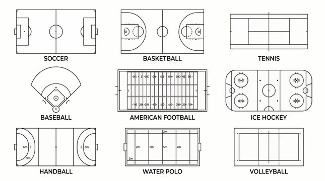 Collection of nine minimalist line art diagrams showing various sports field and court layouts on white background, representing athletic planning, symbolizing game strategy development