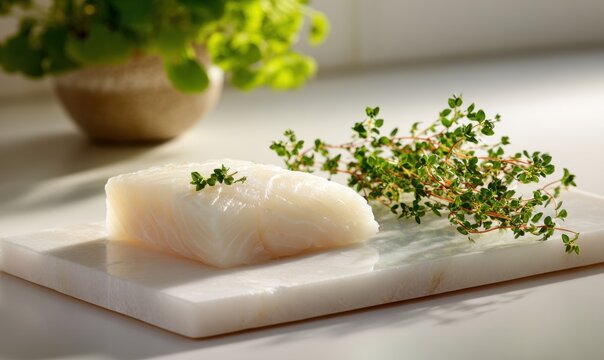 Raw fish filet with fresh thyme, set on white marble slab