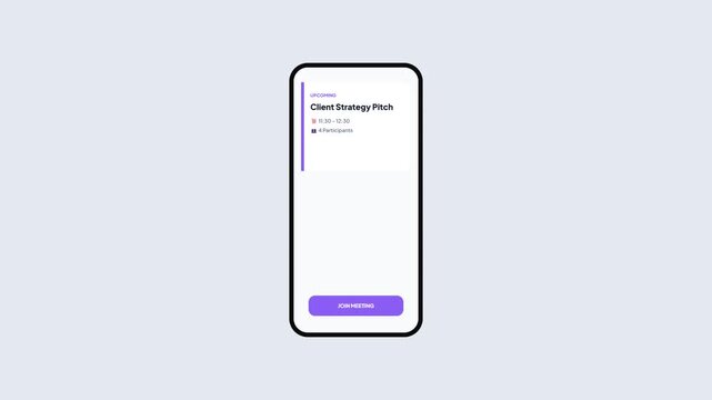Client Pitch Video Call Preparation Screen on Mobile Device with Countdown Clock and Loading Animation