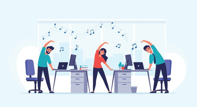 Cheerful office workers taking a break to stretch and exercise at their desks while listening to music in a modern workspace.