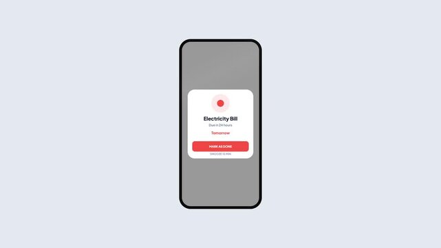 Electricity bill reminder. Mobile payment notification. Smartphone utility alert. Dynamic island interface. Digital bill payment UI. Modern reminder screen. Clean mobile design.
