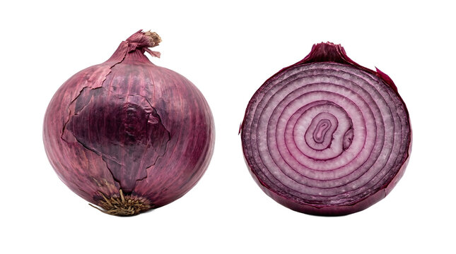 Isolated red onion, whole and half-cut, showcasing its vibrant layers on transparent background.