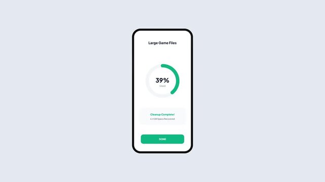 Mobile Gaming App UI Animation of Disk Space Optimization for Large Game Files with Circular Progress Percentage
