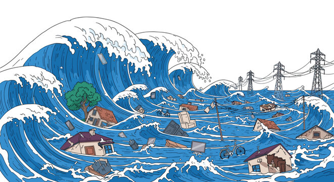 Massive tsunami waves crashing over a coastal town, flooding houses and submerging power lines in a scene of natural disaster.
