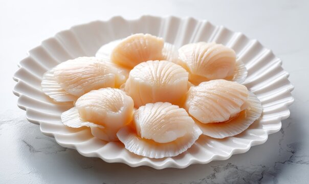 Plump, raw scallops on decorative plate
