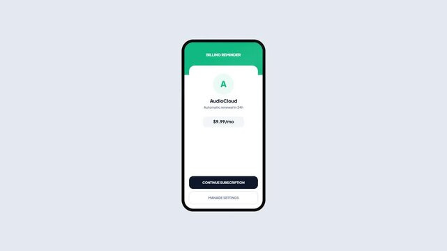 Mobile App UI Animation of Music Streaming Service Subscription Renewal Notification with Billing Details and Pricing