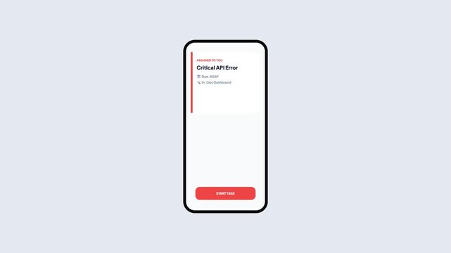 Developer Ops Dashboard UI Animation for Critical API Error Task Assignment with High Priority Alert on Mobile Screen