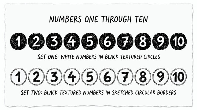 Sketched hand drawn numbers one to ten set in black textured circles and outlined borders on white background, illustrating educational materials and representing creative counting elements