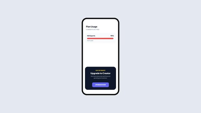 Plan Usage Monitoring for Video Exports with Upgrade to Creator Plan Alert on Mobile Device